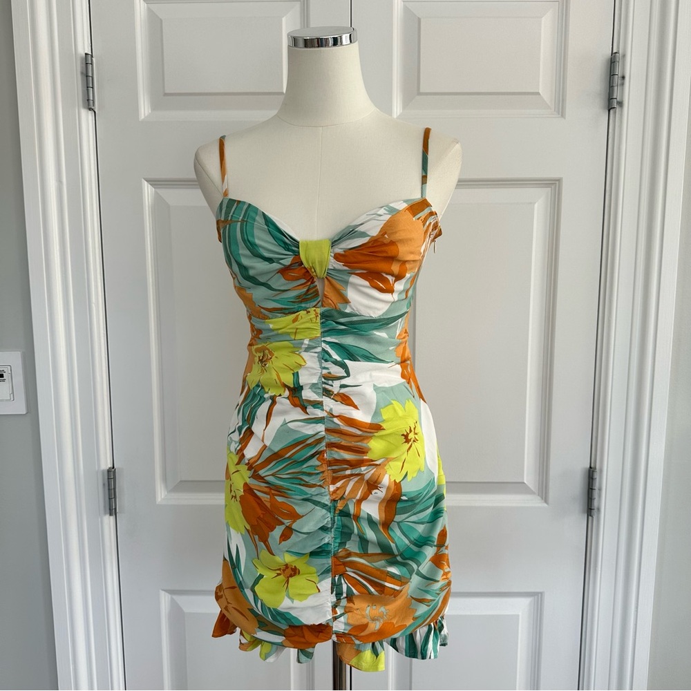 Astr The Label Blue Orange Beachside Ruched Ruffle Hem Keyhole Mini Dress Size S